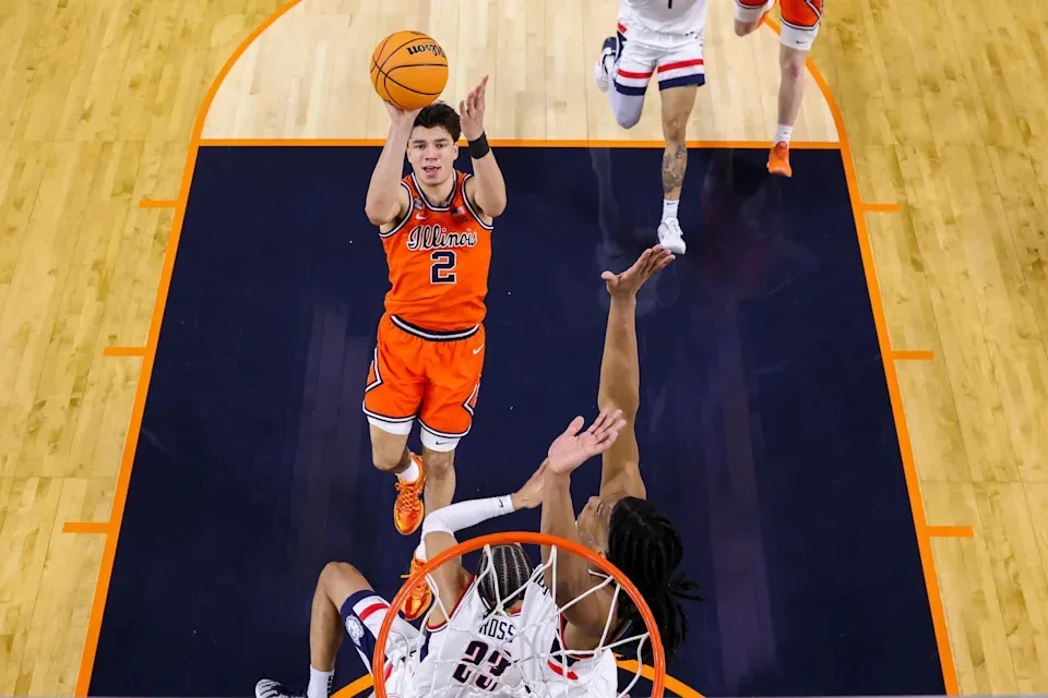 Andrej Stojakovic (#2) of the Illinois Fighting Illini shoots against the Connecticut Huskies during the Final Four of the 2026 NCAA Men's Basketball Tournament at Lucas Oil Stadium on April 04, 2026 in Indianapolis, IN. | (Photo by Jamie Schwaberow/NCAA Photos via Getty Images)